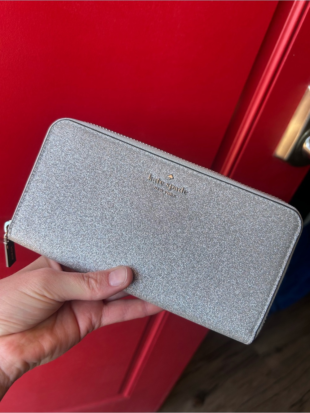 kate spade New York Silver Glitter Zip Wallet